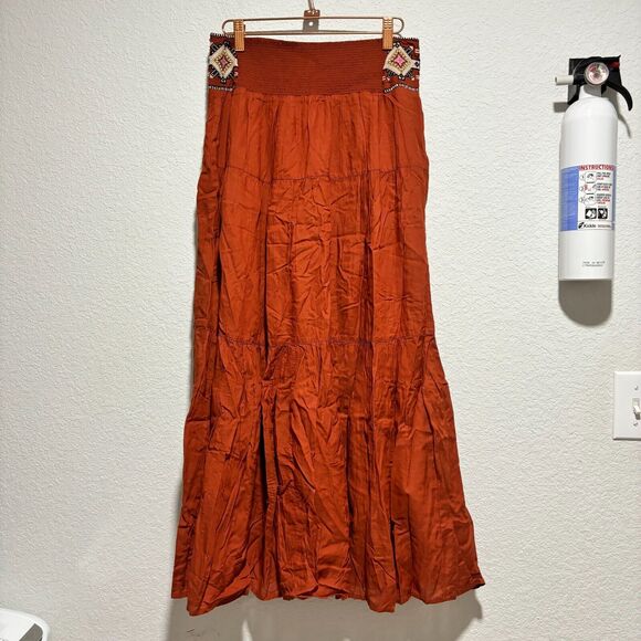 Anthropologie Women's Poetry Maxi Skirt Brown XS Geometric Pull On Bohemian - Picture 2 of 9